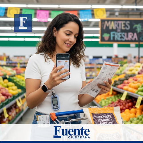 Persona comparando precios de supermercado en su celular mientras hace compras en México
