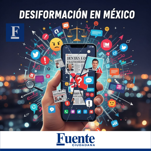 Representación visual del fenómeno de la desinformación en México, con un teléfono móvil en el centro mostrando noticias falsas y símbolos de redes sociales, caos y verificación alrededor. El título dice 'Desinformación en México