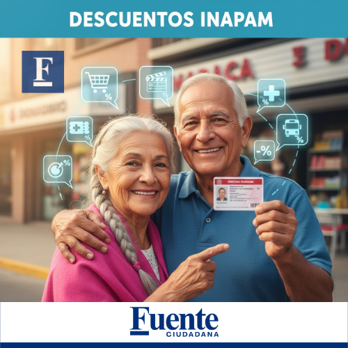 Una pareja de adultos mayores mexicanos sonríe felizmente mientras el hombre sostiene su credencial del INAPAM. Alrededor de ellos, iconos flotantes representan diversos descuentos en compras, entretenimiento, salud y transporte, con el texto 'DESCUENTOS INAPAM' en la parte superior.