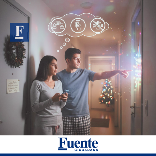 Una pareja joven, en pijama, mira preocupada hacia la puerta de un vecino de donde emana luz y ruido de fiesta. Sobre sus cabezas, una burbuja de pensamiento muestra iconos: hablar, llamar por teléfono y una señal de 'no violencia', sugiriendo opciones para resolver conflictos de ruido con vecinos en fiestas decembrinas