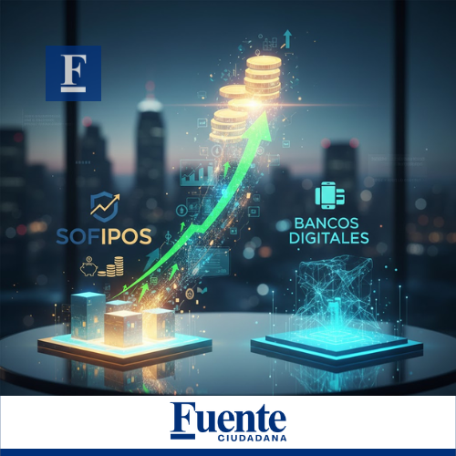 Representación visual de inversiones en SOFIPOs y bancos digitales, mostrando el crecimiento del dinero con flechas ascendentes, gráficos financieros, logos y elementos tecnológicos en un entorno moderno