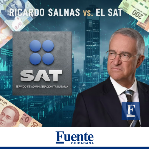 Ricardo Salinas Pliego con expresión de enojo o desafío, mirando hacia la derecha, con el logo del SAT en el centro y billetes mexicanos flotando alrededor. El fondo muestra gráficos digitales y un skyline de ciudad, simbolizando el conflicto financiero entre el empresario y el Servicio de Administración Tributaria.
